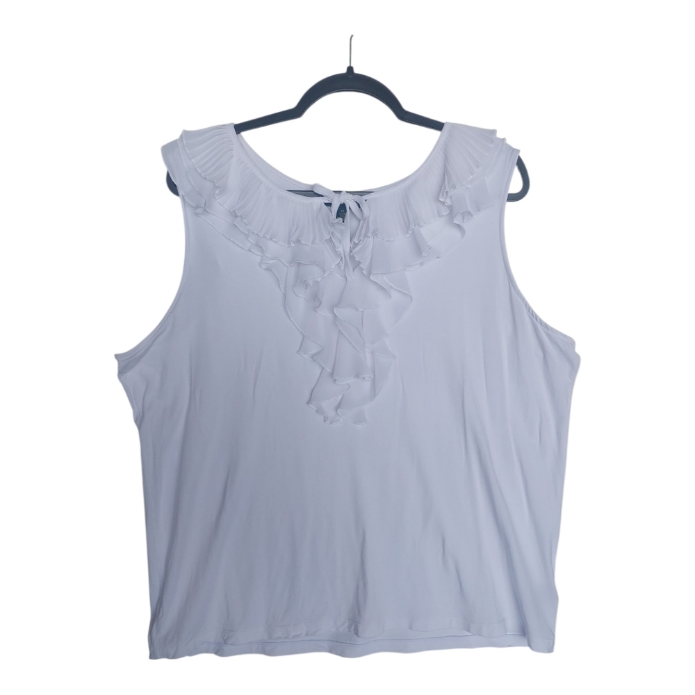 Lauren Ralph Lauren Women’s 2X White Sleeveless Ruffle Pleated Neck Blouse Top